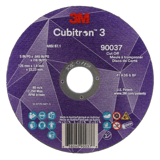 3Mâ„¢ Cubitronâ„¢ 3 Cut-Off Wheel, 90037, 36+, T1, 5 in x 0.045 in x 7/8 in (125 x 1.6 x 22.23 mm), ANSI, 25/Pack, 50 ea/Case