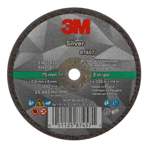 3M™ Silver Cut-Off Wheel, 87457, 60+, T1, 3 in x 0.035 in x 1/4 in, 50 ea/Case