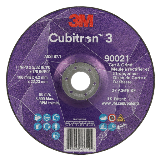 3M™ Cubitron™ 3 Cut and Grind Wheel, 90021, 36+, T27, 7 in x 5/32 in x 7/8 in (180 x 4.2 x 22.23 mm), ANSI, 10/Pack, 20 ea/Case