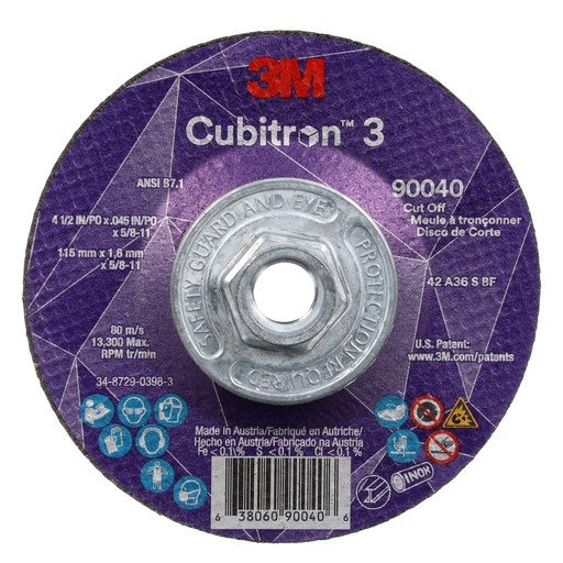 3Mâ„¢ Cubitronâ„¢ 3 Cut-Off Wheel, 90040, 36+, T27, 4-1/2 in x 0.045 in x 5/8 in-11 (115 x 1.6 mm x 5/8-11 in), ANSI, 10 ea/Case