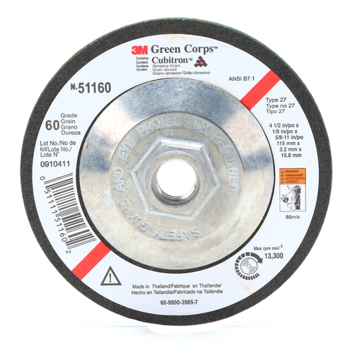 3Mâ„¢ Green Corpsâ„¢ Flexible Grinding Wheel, T27, 4-1/2 in x 1/8 in x 5/8 in-11 Internal, 36, 10/Carton, 40 ea/Case