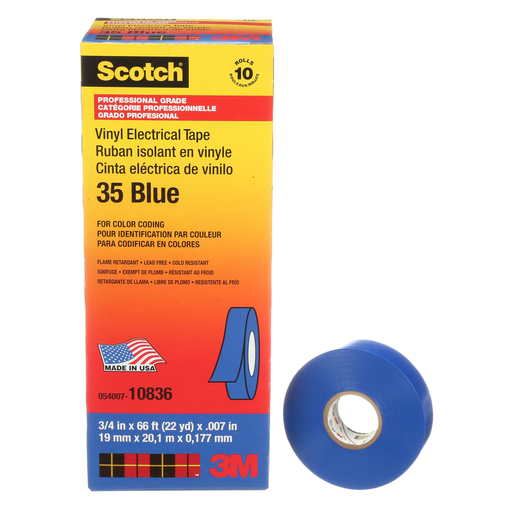 Scotch® Vinyl Color Coding Electrical Tape 35, 3/4 in x 66 ft, Blue, 10 rolls/carton, 100 rolls/Case