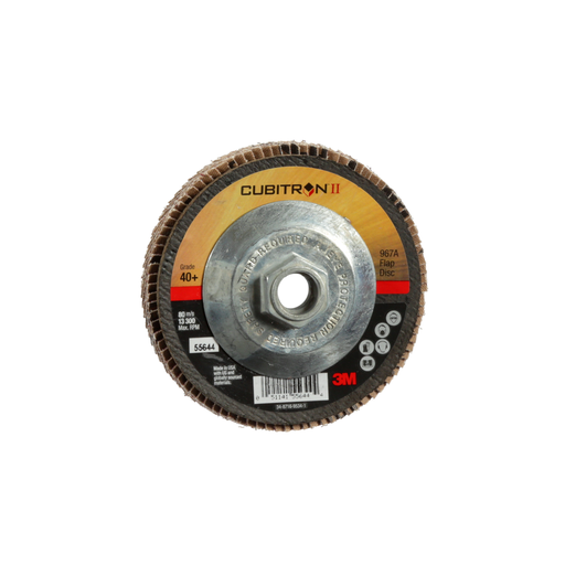 3M™ Cubitron™ II Flap Disc 967A, 40+, T29 Quick Change, 4-1/2 in x 5/8"-11, Giant, 10 ea/Case