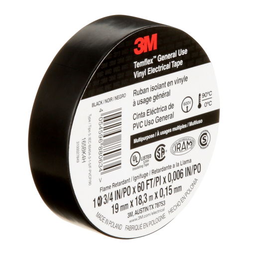 Mayer-DDS-3M™ Temflex™ Vinyl Electrical Tape 165, Black, 3/4 in x 60 ft x .006 in, 100 Rolls/Case-2