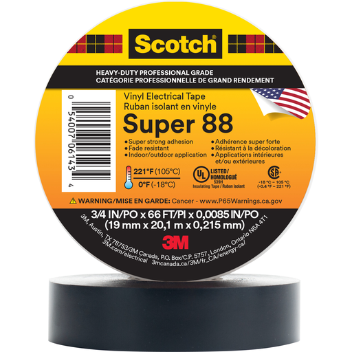 Scotch® Vinyl Electrical Tape Super 88, 3/4 in x 66 ft, Black, 10 rolls/carton, 100 rolls/Case