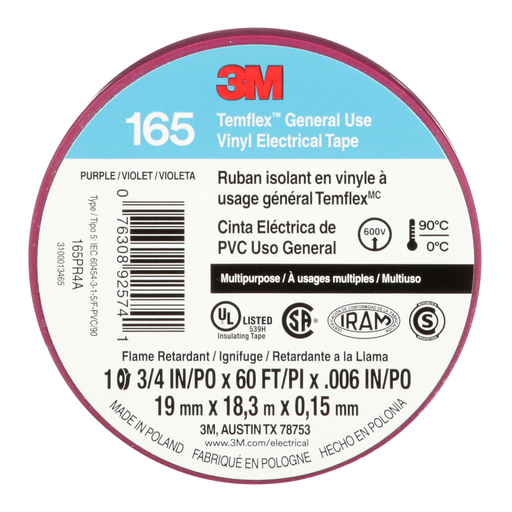 Mayer-DDS-3M™ Temflex™ Vinyl Electrical Tape 165, Purple, 3/4 in x 60 ft (19 mm x 18 m), 6 mil, 100 Rolls/Case-2