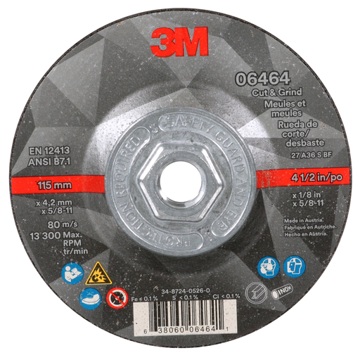 3M™ Cut & Grind Wheel, 06464, 36+, T27 Quick Change, 4.5 in x 1/8 in x 5/8 in-11, 10/Carton, 20 ea/Case