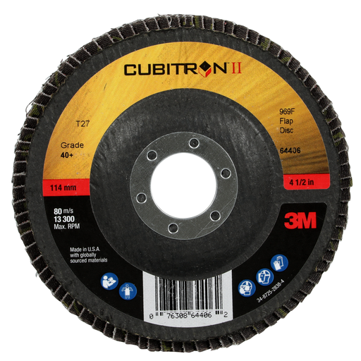 3M™ Cubitron™ II Flap Disc 969F, 40+, T27, 4-1/2 in x 7/8 in, Giant, 10 ea/Case