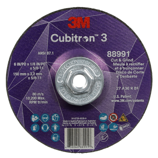 3Mâ„¢ Cubitronâ„¢ 3 Cut and Grind Wheel, 88991, 36+, T27, 6 in x 1/8 in x 5/8 in-11 (150 x 3.2 mm x 5/8-11 in), ANSI, 10 ea/Case