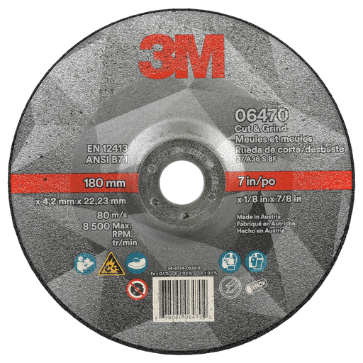 3M™ Cut & Grind Wheel, 06470, 36+, T27, 7 in x 1/8 in x 7/8 in, 10/Carton, 20 ea/Case