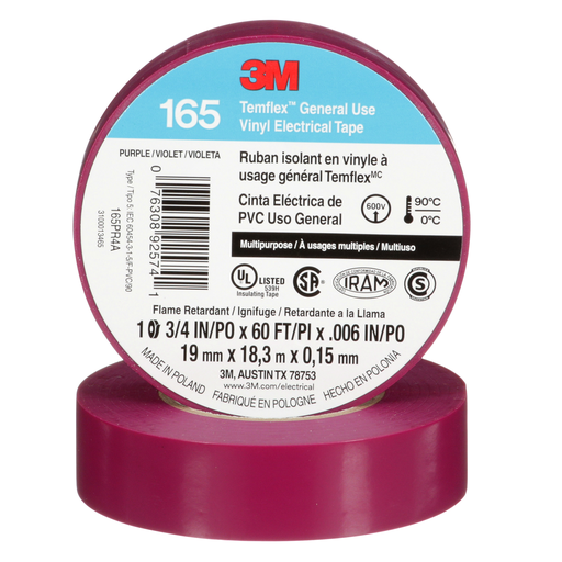 7100169434 - 3M™ Temflex™ Vinyl Electrical Tape 165, Purple, 3/4 in x 60 ft (19 mm x 18 m), 6 mil, 100 Rolls/Case