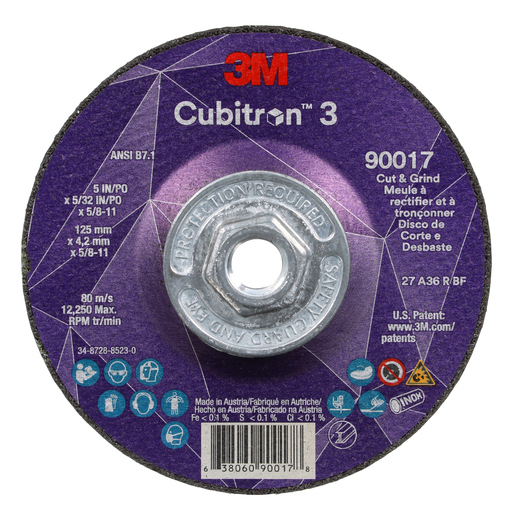 3M™ Cubitron™ 3 Cut and Grind Wheel, 90017, 36+, T27, 5 in x 5/32 in x 5/8 in-11 (125 x 4.2 mm x 5/8-11 in), ANSI, 10 ea/Case