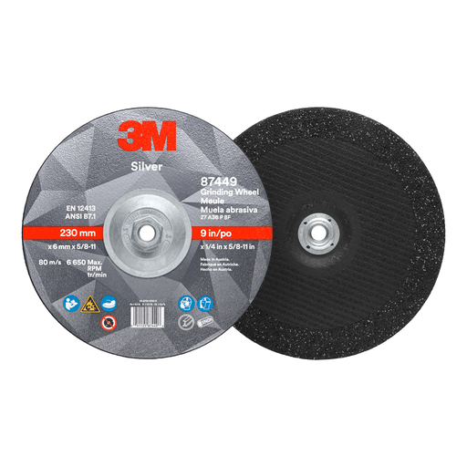 3M™ Silver Depressed Center Grinding Wheel, 87449, 36+, T27 Quick Change, 9 in x 1/4 in x 5/8 in-11, 10/Carton, 20 ea/Case