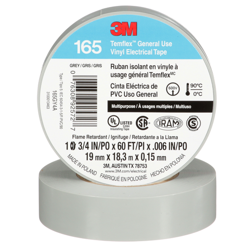 7100169192 - 3Mâ„¢ Temflexâ„¢ Vinyl Electrical Tape 165, Gray, 3/4 in x 60 ft (19 mm x 18 m), 6 mil, 100 Rolls/Case