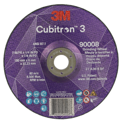 3M™ Cubitron™ 3 Depressed Center Grinding Wheel, 90008, 36+, T27, 7 in x 1/4 in x 7/8 in (180x6x22.23mm) ANSI, 10/Pack, 20 ea/Case