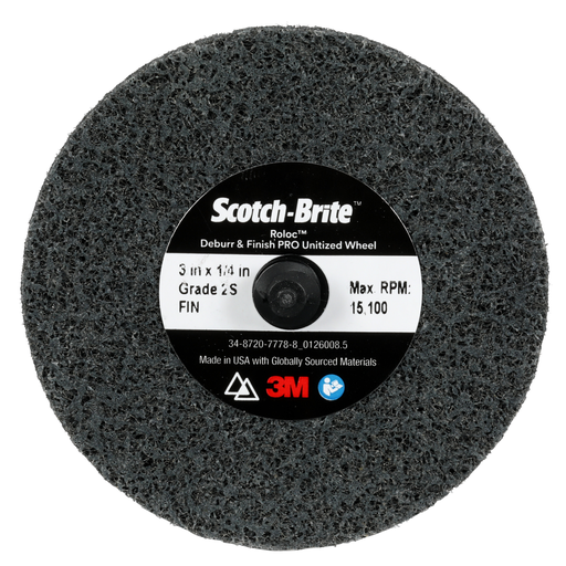 Scotch-Brite™ Roloc™ Deburr & Finish PRO Unitized Wheel, DP-UR, 2S Fine, TR, 3 in x 1/4 in, 10/Carton, 40 ea/Case