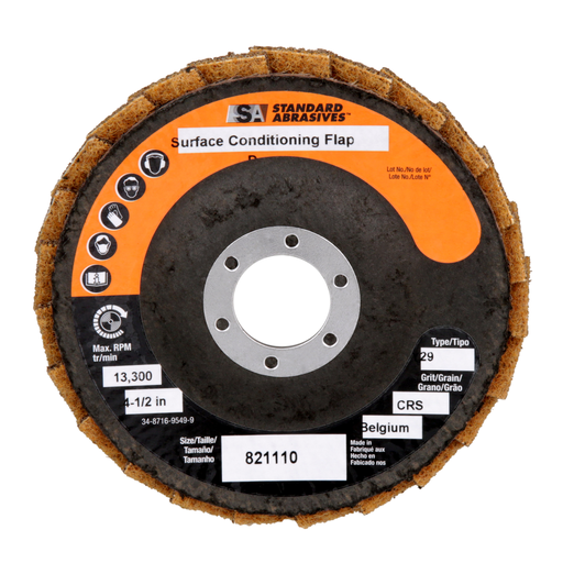 Standard Abrasives™ Surface Conditioning Flap Disc, 821110, 4-1/2 in x 7/8 in CRS, 5/Carton, 50 ea/Case