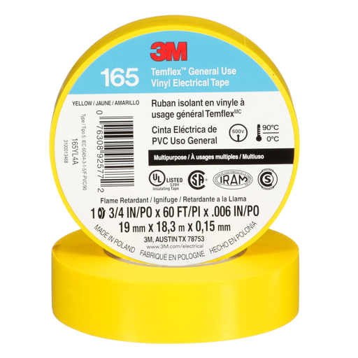 7100169490 - 3Mâ„¢ Temflexâ„¢ Vinyl Electrical Tape 165, Yellow, 3/4 in x 60 ft (19 mm x 18 m), 6 mil, 100 Rolls/Case