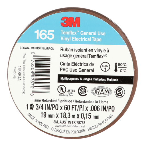 Mayer-DDS-3M™ Temflex™ Vinyl Electrical Tape 165, Brown, 3/4 in x 60 ft (19 mm x 18 m), 6 mil, 100 Rolls/Case-2