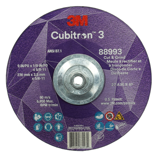 3Mâ„¢ Cubitronâ„¢ 3 Cut and Grind Wheel, 88993, 36+, T27, 9 in x 1/8 in x 5/8 in-11 (230 x 3.2 mm x 5/8-11 in), ANSI, 10 ea/Case