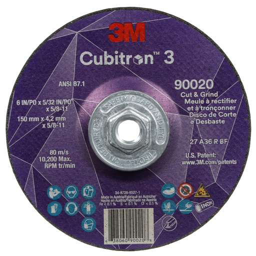 3M™ Cubitron™ 3 Cut and Grind Wheel, 90020, 36+, T27, 6 in x 5/32 in x 5/8 in-11 (150 x 4.2 mm x 5/8-11 in), ANSI, 10 ea/Case