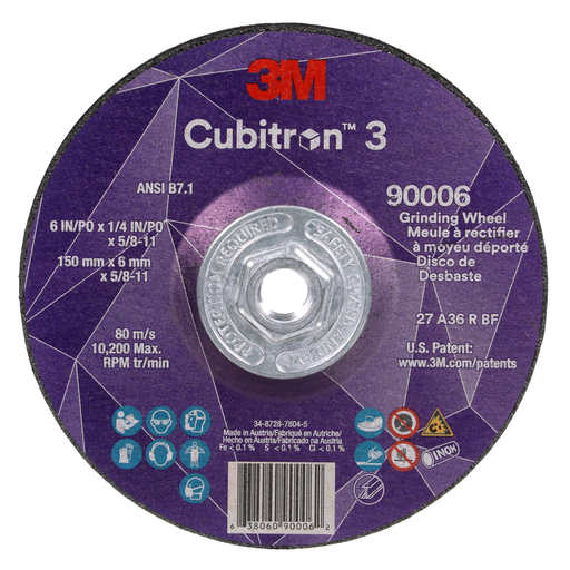 3Mâ„¢ Cubitronâ„¢ 3 Depressed Center Grinding Wheel, 90006, 36+, T27, 6 in x 1/4 in x 5/8 in-11 (150x6mmx5/8-11in), ANSI, 10 ea/Case