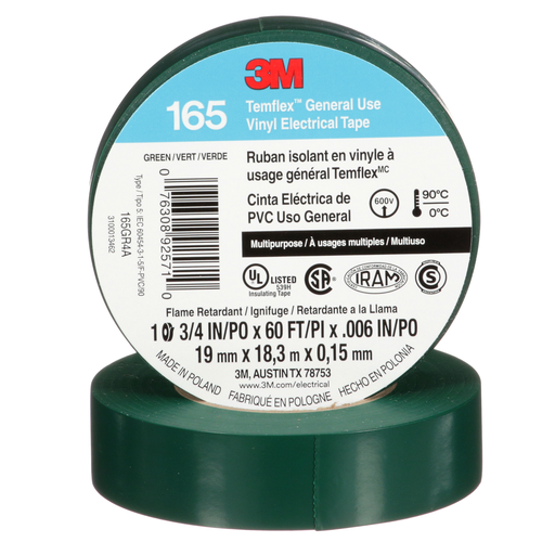 7100169430 - 3Mâ„¢ Temflexâ„¢ Vinyl Electrical Tape 165, Green, 3/4 in x 60 ft (19 mm x 18 m), 6 mil, 100 Rolls/Case