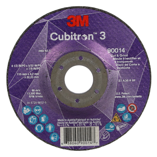 3M™ Cubitron™ 3 Cut and Grind Wheel, 90014, 36+, T27, 4-1/2 in x 5/32 in x 7/8 in (115 x 4.2 x 22.23 mm) ANSI, 10/Pack, 20 ea/Case