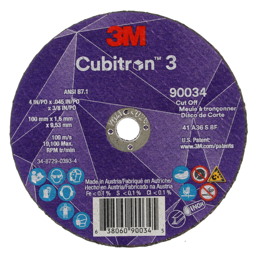 3Mâ„¢ Cubitronâ„¢ 3 Cut-Off Wheel, 90034, 36+, T1, 4 in x 0.045 in x 3/8 in (100 x 1.6 x 9.53 mm), ANSI, 25/Pack, 50 ea/Case