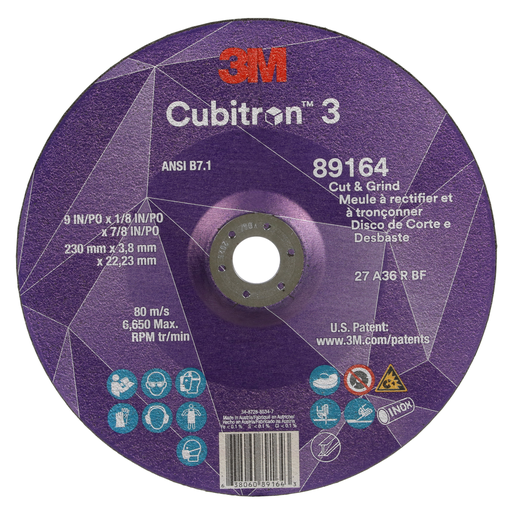 3M™ Cubitron™ 3 Cut and Grind Wheel, 89164, 36+, T27, 9 in x 1/8 in x 7/8 in (230 x 3.2 x 22.23 mm), ANSI, 10/Pack, 20 ea/Case