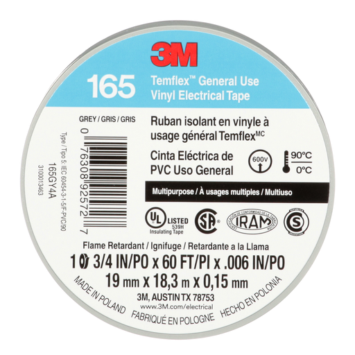 Mayer-DDS-3M™ Temflex™ Vinyl Electrical Tape 165, Gray, 3/4 in x 60 ft (19 mm x 18 m), 6 mil, 100 Rolls/Case-2