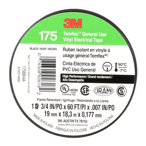 Mayer-DDS-3M™ Temflex™ Vinyl Electrical Tape 175, Black, 3/4 in x 60 ft (19 mm x 18 m), 7 mil, 100 Rolls/Case-2