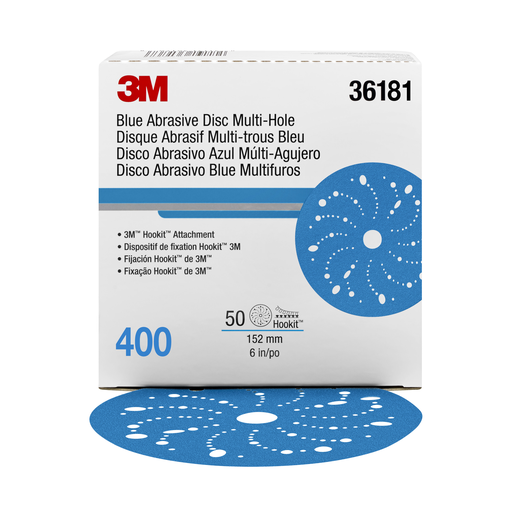 3Mâ„¢ Hookitâ„¢ Blue Abrasive Disc 321U, 36181, 6 in, 400, Multi-hole, 50 Discs/Carton, 4 Cartons/Case