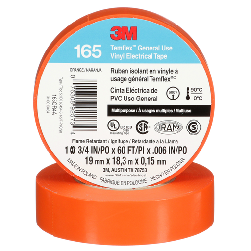 7100169433 - 3Mâ„¢ Temflexâ„¢ Vinyl Electrical Tape 165, Orange, 3/4 in x 60 ft (19 mm x 18 m), 6 mil, 100 Rolls/Case