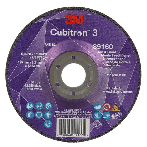 3Mâ„¢ Cubitronâ„¢ 3 Cut and Grind Wheel, 89160, 36+, T27, 5 in x 1/8 in x 7/8 in (125 x 3.2 x 22.23 mm), ANSI, 10/Pack, 20 ea/Case