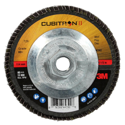 3M™ Cubitron™ II Flap Disc 969F, 60+, T29 Quick Change, 4-1/2 in x 5/8"-11, 10 ea/Case