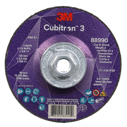 3Mâ„¢ Cubitronâ„¢ 3 Cut and Grind Wheel, 88990, 36+, T27, 5 in x 1/8 in x 5/8 in-11 (125 x 3.2 mm x 5/8-11 in), ANSI, 10 ea/Case