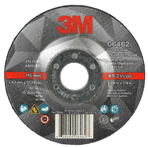 3M™ Cut & Grind Wheel, 06462, 36+, T27, 4-1/2 in x 1/8 in x 7/8 in, 10/Carton, 20 ea/Case