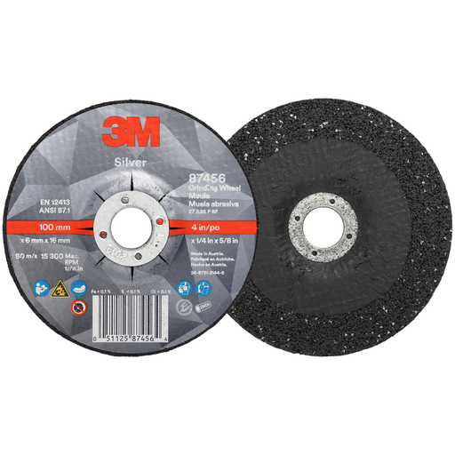 3Mâ„¢ Silver Depressed Center Grinding Wheel, 87456, 36+, T27, 4 in x 1/4 in x 5/8 in, 10/Carton, 20 ea/Case