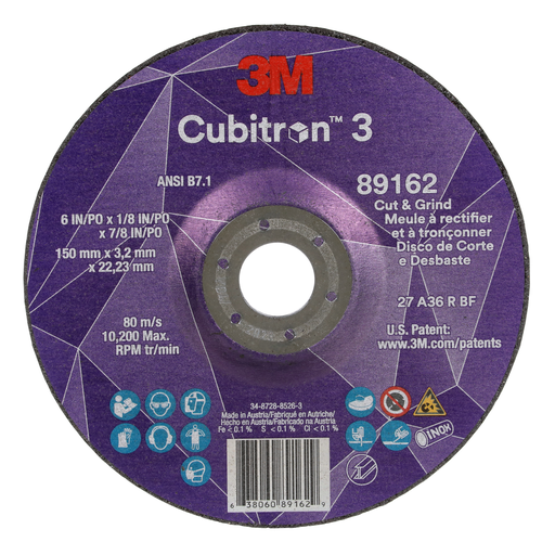 3Mâ„¢ Cubitronâ„¢ 3 Cut and Grind Wheel, 89162, 36+, T27, 6 in x 1/8 in x 7/8 in (150 x 3.2 x 22.23 mm), ANSI, 10/Pack, 20 ea/Case