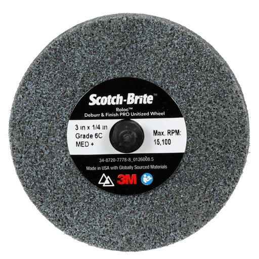 Scotch-Brite™ Roloc™ Deburr & Finish PRO Unitized Wheel, DP-UR, 6C Medium+, TR, 3 in x 1/4 in, 10/Carton, 40 ea/Case