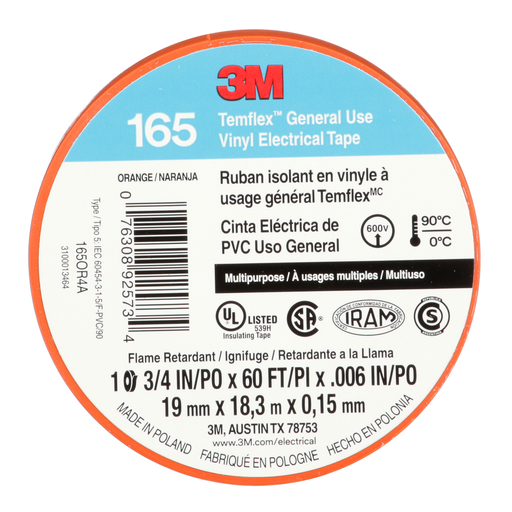 Mayer-DDS-3M™ Temflex™ Vinyl Electrical Tape 165, Orange, 3/4 in x 60 ft (19 mm x 18 m), 6 mil, 100 Rolls/Case-2