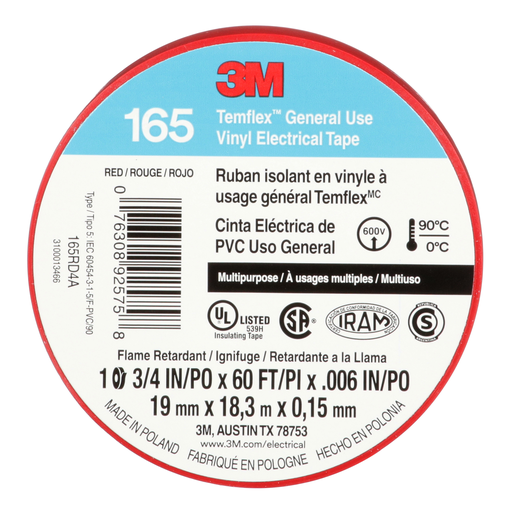 Mayer-DDS-3M™ Temflex™ Vinyl Electrical Tape 165, Red, 3/4 in x 60 ft (19 mm x 18 m), 6 mil, 100 Rolls/Case-2