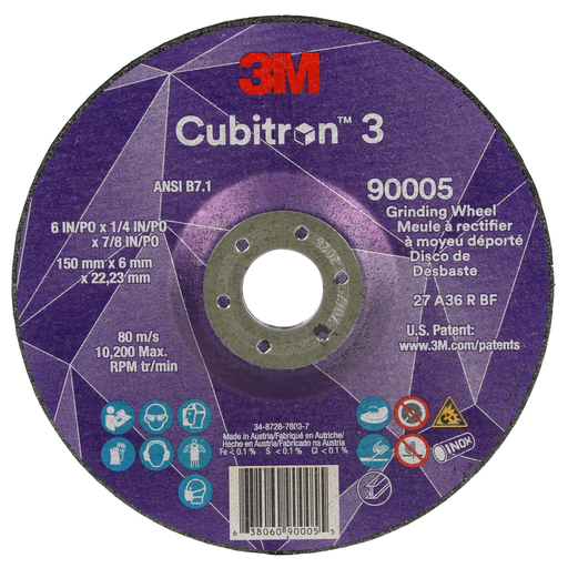 3Mâ„¢ Cubitronâ„¢ 3 Depressed Center Grinding Wheel, 90005, 36+, T27, 6 in x 1/4 in x 7/8 in (150x6x22.23mm) ANSI, 10/Pack, 20 ea/Case