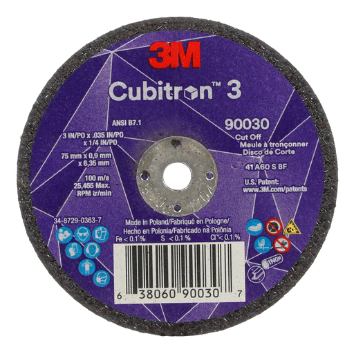 3Mâ„¢ Cubitronâ„¢ 3 Cut-Off Wheel, 90030, 60+, T1, 3 in x 0.035 in x 1/4 in (75 x 0.9 x 6.35 mm), ANSI, 25/Pack, 50 ea/Case