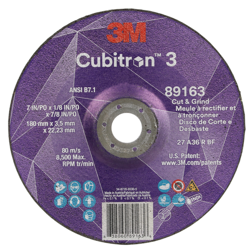 3M™ Cubitron™ 3 Cut and Grind Wheel, 89163, 36+, T27, 7 in x 1/8 in x 7/8 in (180 x 3.2 x 22.23 mm), ANSI, 10/Pack, 20 ea/Case