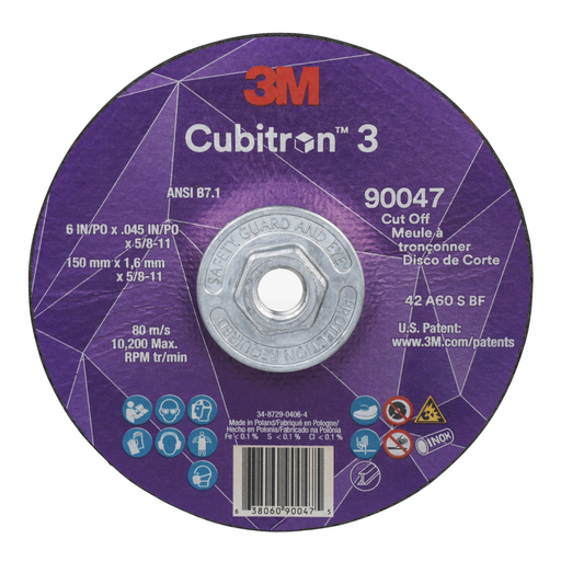 3M™ Cubitron™ 3 Cut-Off Wheel, 90047, 60+, T27, 6 in x 0.045 in x 5/8 in-11 (150 x 1.6 mm x 5/8-11 in), ANSI, 10 ea/Case