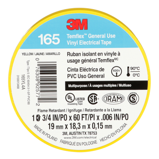 Mayer-DDS-3M™ Temflex™ Vinyl Electrical Tape 165, Yellow, 3/4 in x 60 ft (19 mm x 18 m), 6 mil, 100 Rolls/Case-2