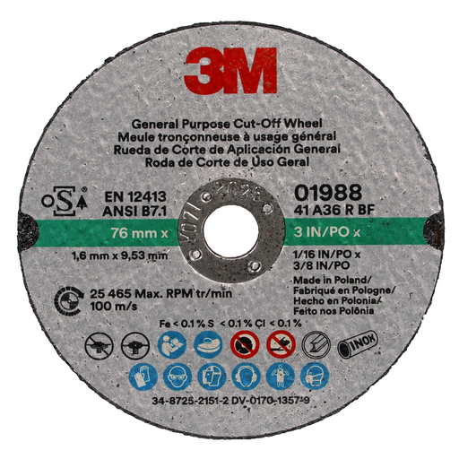 3M™ General Purpose Cut-Off Wheel 01988, 3 in x 1/16 in x 3/8 in, 50 Each/Case