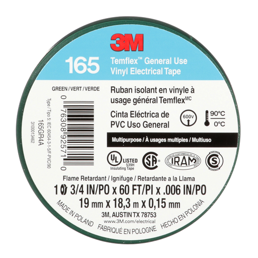 Mayer-DDS-3M™ Temflex™ Vinyl Electrical Tape 165, Green, 3/4 in x 60 ft (19 mm x 18 m), 6 mil, 100 Rolls/Case-2